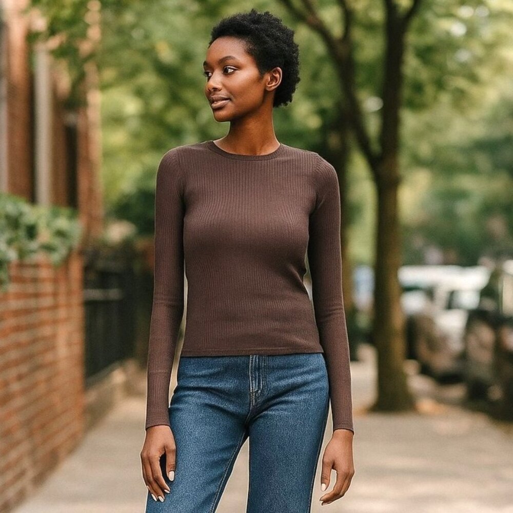 New Splendid XL Women Ribbed Top Classic Long Sleeve Crew Neck Lightweight Brown